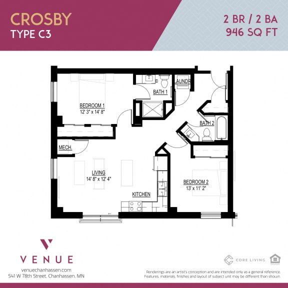 Studio, 1, 2 & 3 Bedroom Floor Plans at Venue Apartments Chanhassen